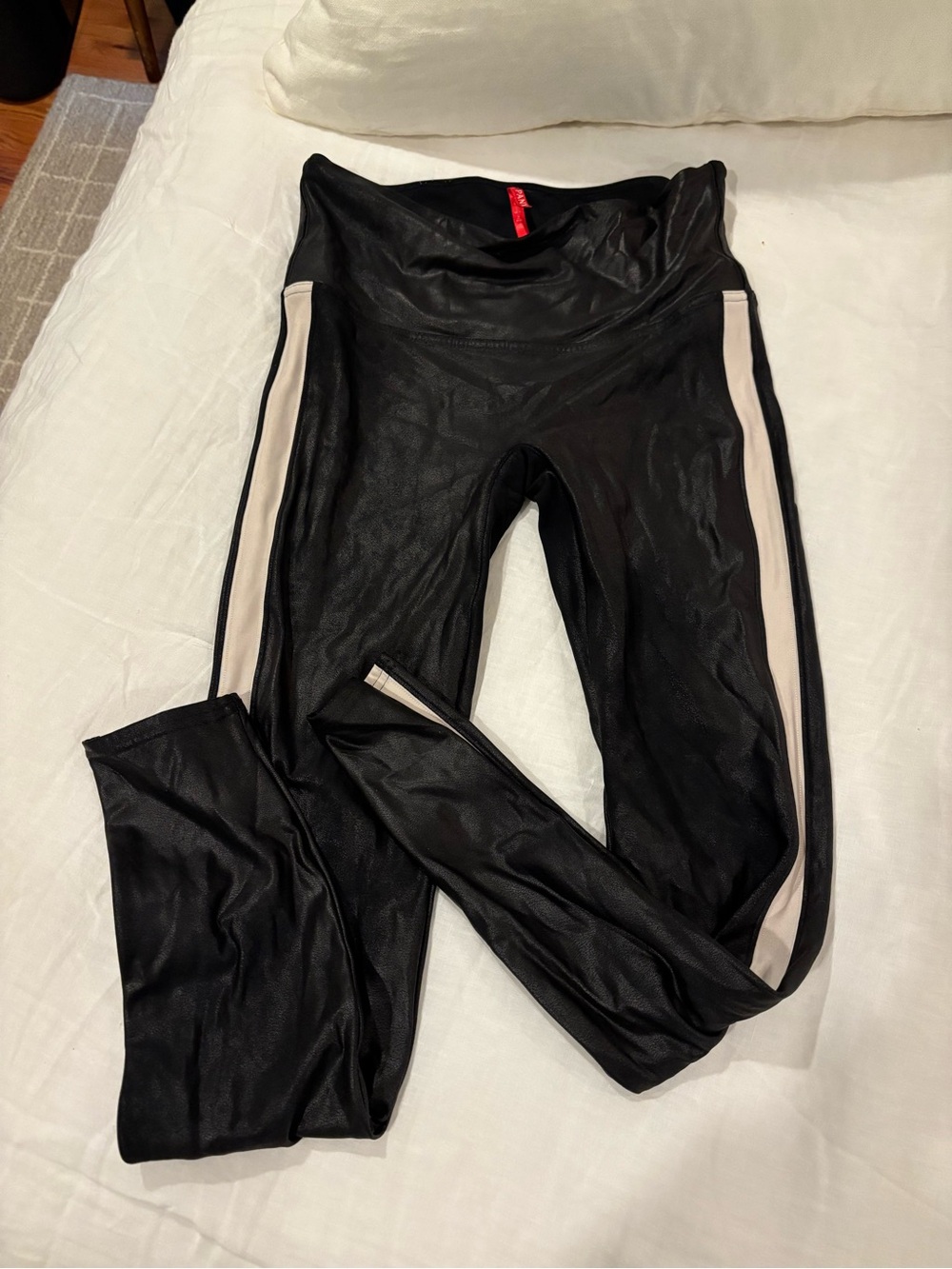 Spanx Large Black Faux-Leather Leggings with Cream Side Stripe